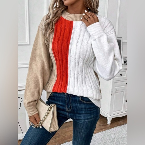 Women’s Small Color Block Cable Knit Drop Shoulder Sweater - Picture 2 of 3